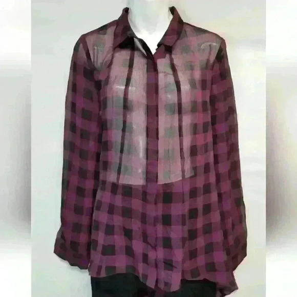 Women's Storee Black and Wine Checkered Sheer LS Long Tail Blouse Sz M - Picture 1 of 8